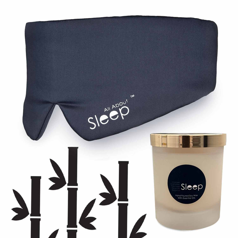 Grey bamboo sleep mask and relaxing soy wax sleep candle All About Sleep UK