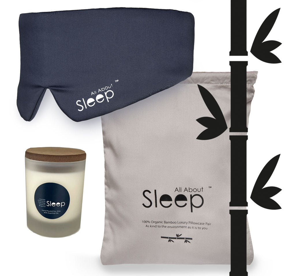 grey bamboo sleep mask, candle and grey bamboo pillowcases